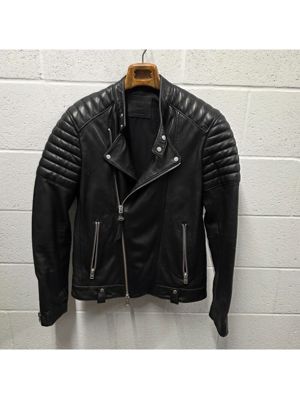 AllSaints Jasper Motorcycle Biker Leather Jacket Black S Small 18.5x26 Padded